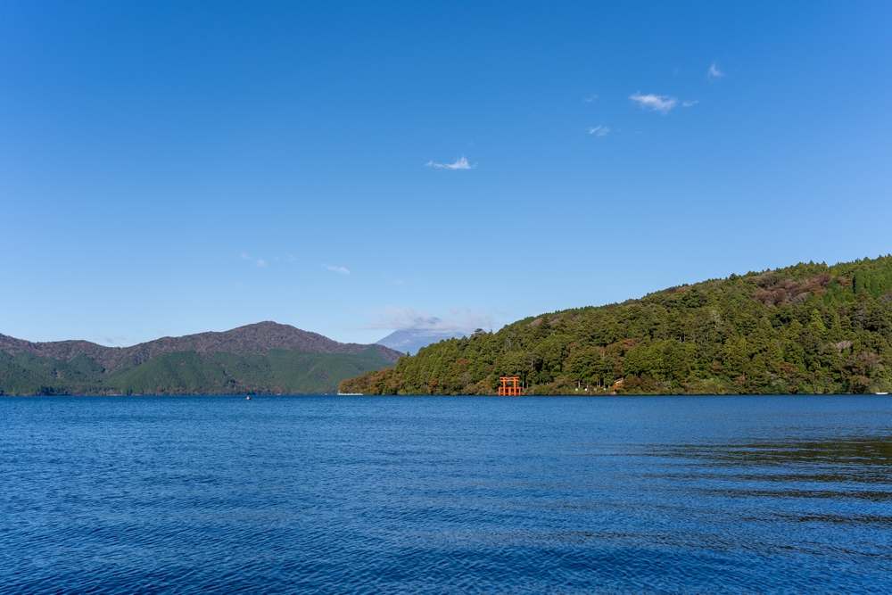¿Dónde alojarse en Japón? Las 7 mejores zonas y buenos hoteles 11 La puerta torii roja del lago Ashi en Hakone con el monte Fuji al fondo