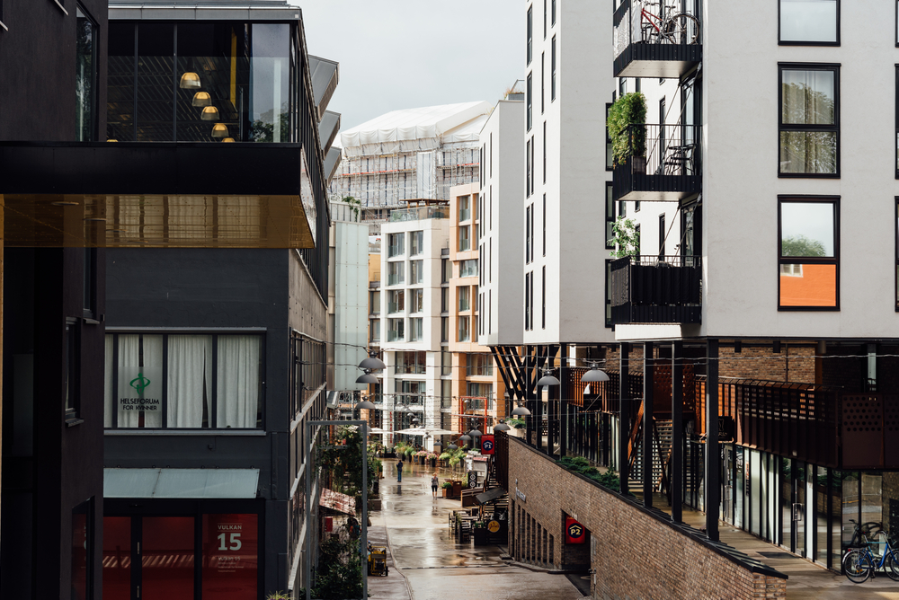 La zona de Vulkan junto a Mathallen y el río Akerselva en Grünerløkka, Oslo
