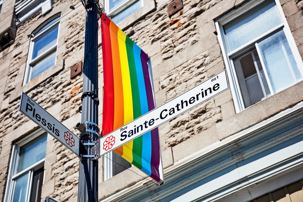 Letreros de la Rue Sainte-Catherine y la Rue Plessis con una bandera arcoíris en el Village de Montreal