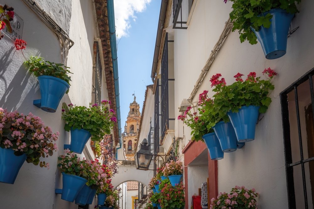 ¿Dónde alojarse en Córdoba? Las 5 mejores zonas y buenos hoteles 8 Calleja de las Flores en la Judería de Córdoba con el campanario de la Mezquita al fondo