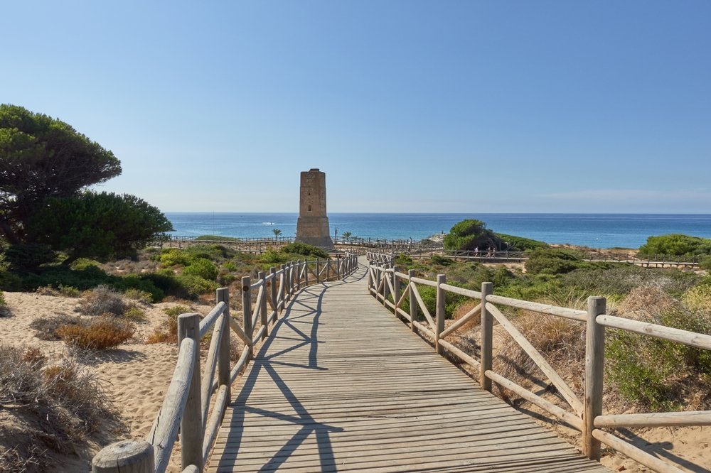 Pasarela entre las dunas de Artola en Cabopino con la torre vigía Torre de los Ladrones
