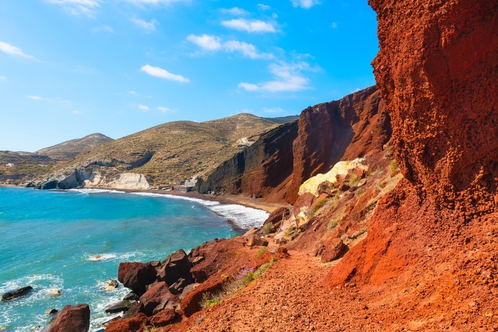 Qué ver en Santorini: 18 cosas que hacer, de la puesta de sol en Oia a las playas volcánicas 33 Playa Roja con acantilados volcánicos rojos y mar azul
