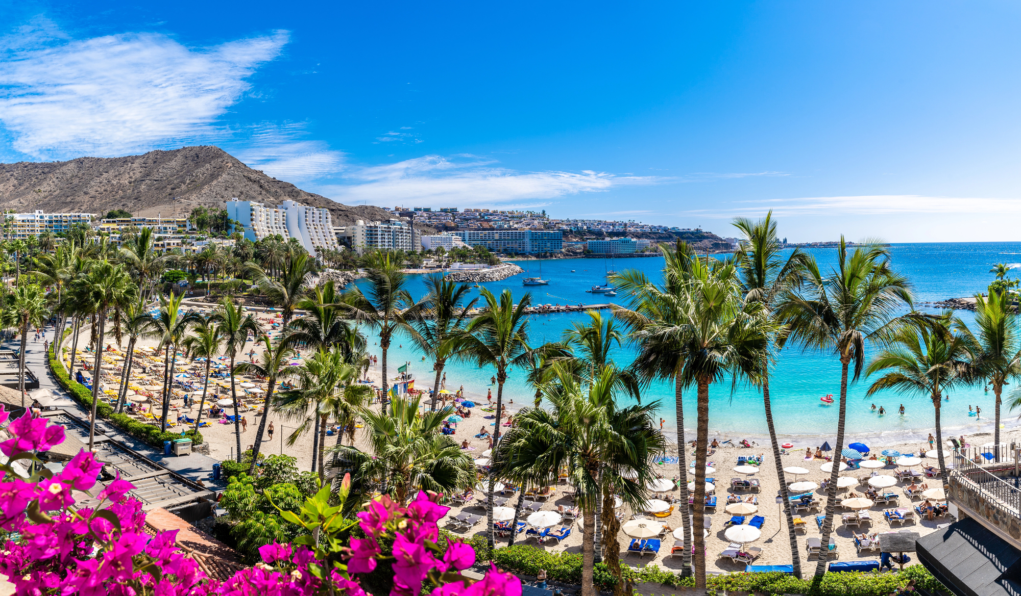 La playa de Anfi del Mar en Gran Canaria con palmeras, sombrillas y agua turquesa