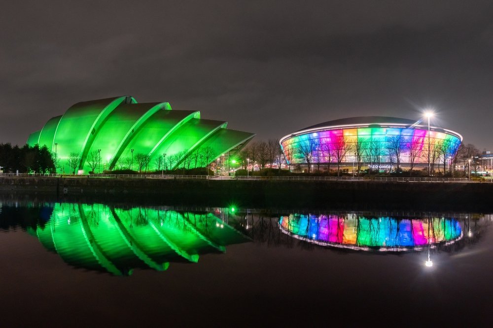 Qué ver en Glasgow - 18 cosas que hacer, y la mayoría no cuestan nada 30 El recinto de conciertos OVO Hydro y el Clyde Auditorium junto al río Clyde en Glasgow